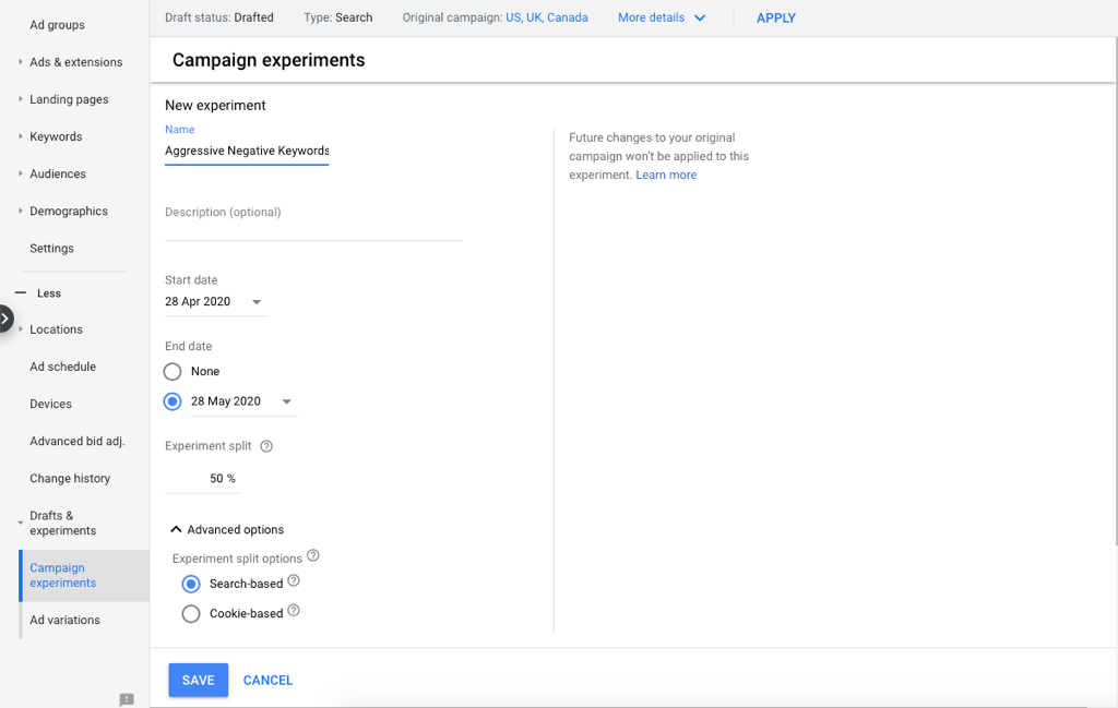 Use Campaign Experiments to A/B test negative keywords in Google Ads.